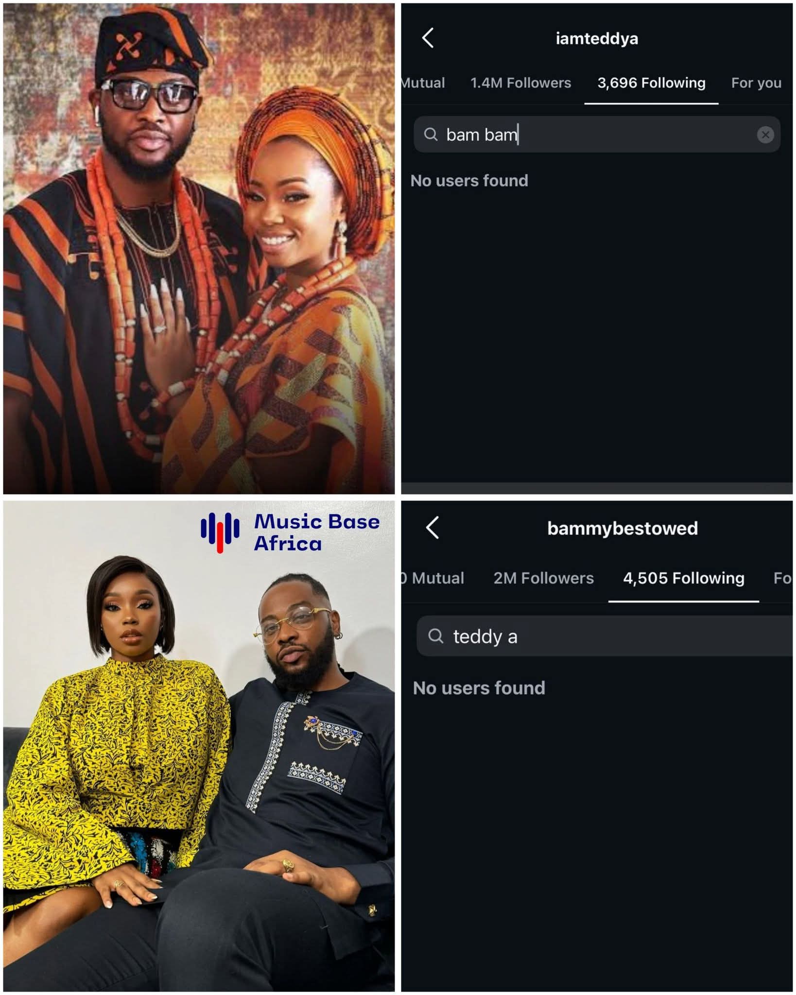 Nollywood couples and former Big Brother Naija reality tv stars - Teddy A and Bam Bam have both unfollowed each other on Instagram, and are heading for a possible div0rce. 1 FB IMG 1770735476654