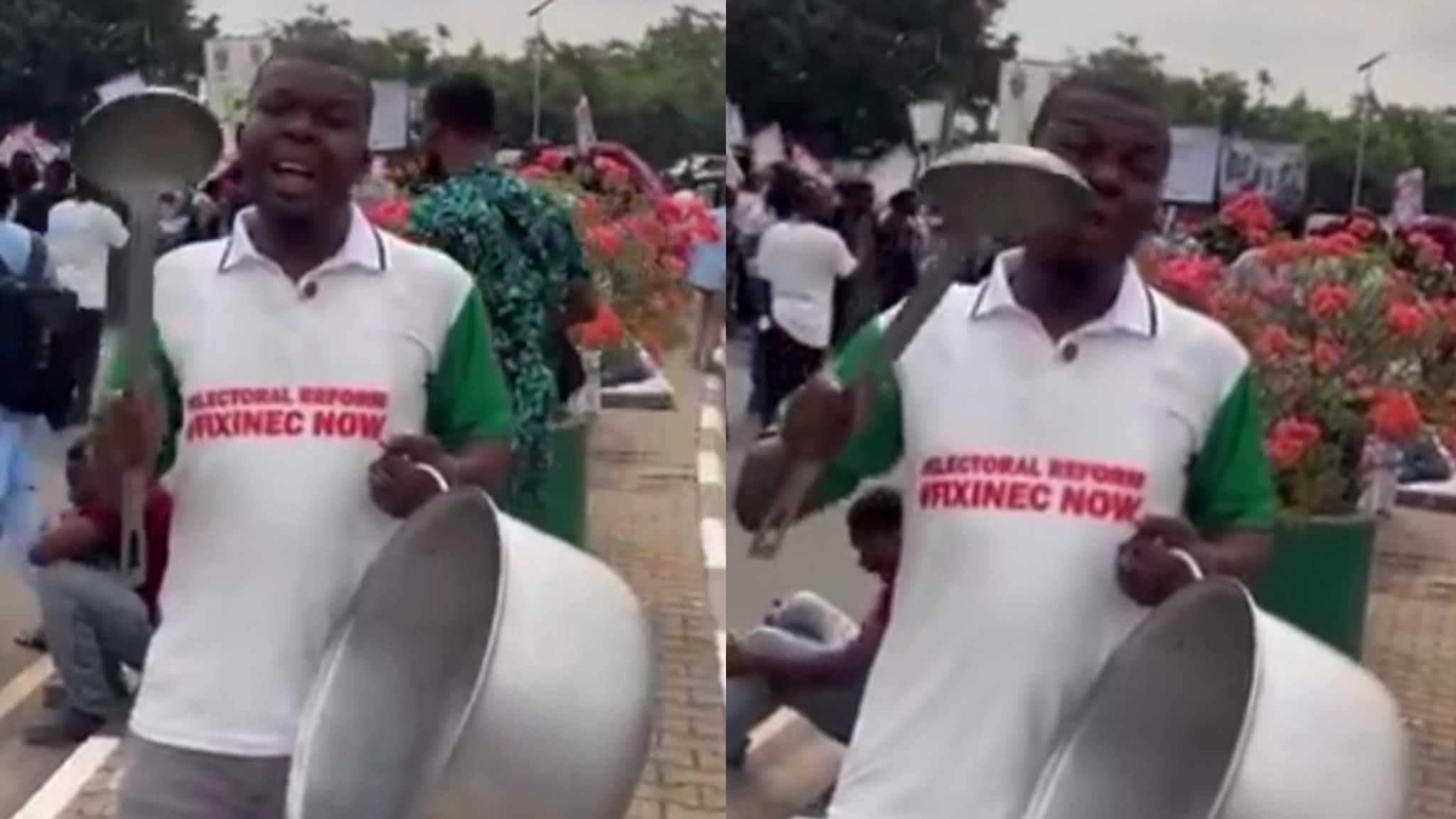 A protester in Abuja went viral after arriving from Lagos with a large pot and spoon, saying he didn’t travel just to waste time. 1 FB IMG 1770820904117