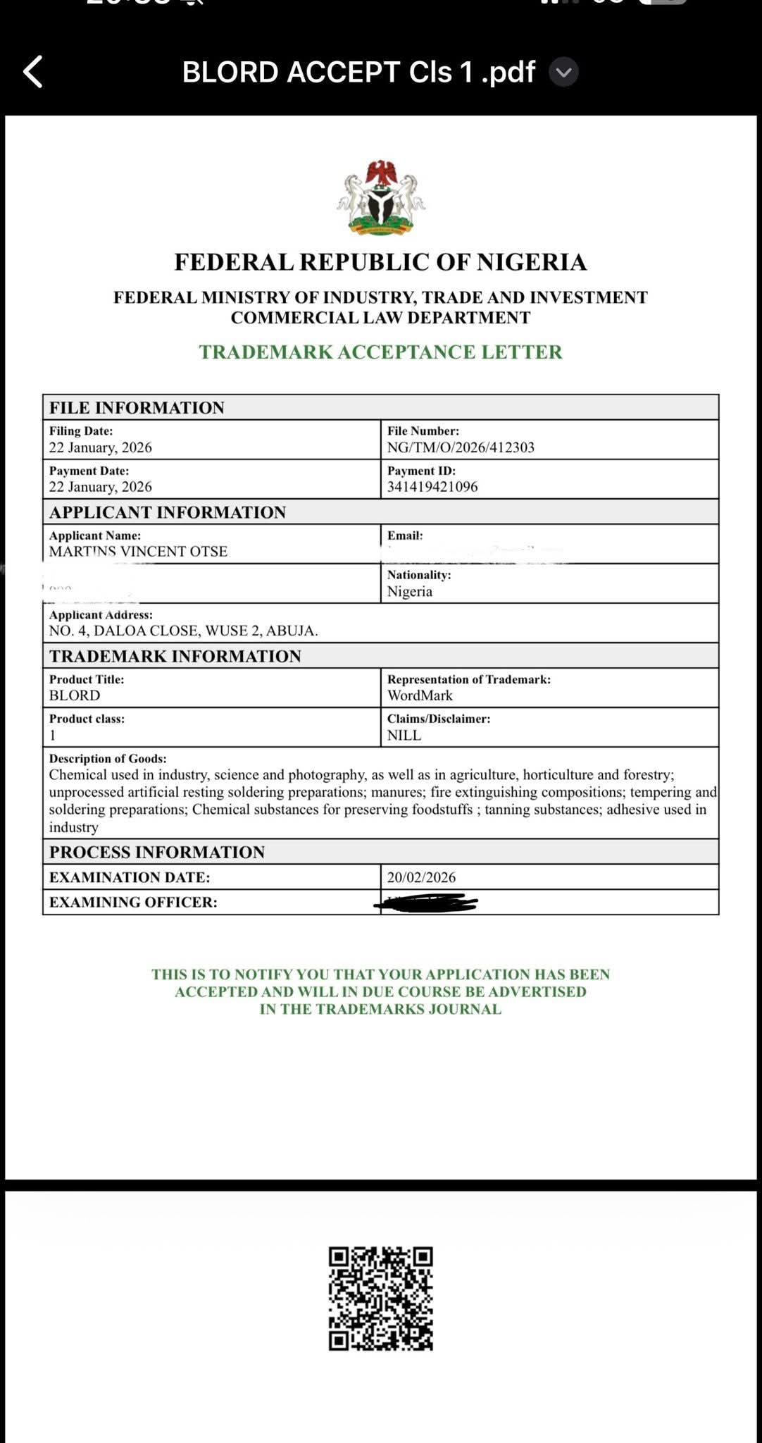 This is proof of 20 different classes of trademark where the name “BLORD” is trademarked under martins Vincent Otse 1 FB IMG 1771872948367