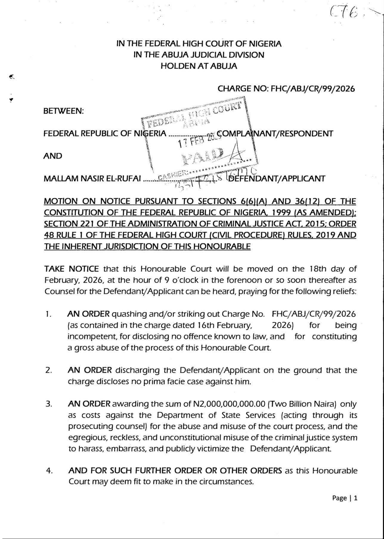 Malam El-Rufai asks court to quash DSS charges 1 FB IMG 1771949013828