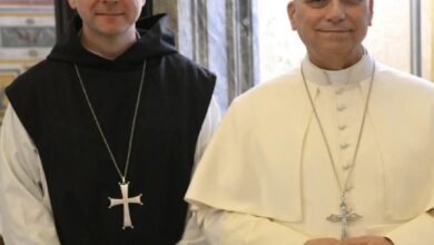 Pope Leo XIV speaks with Bishop Erik Varden of Trondheim, Norway, at the Spiritual Exercises for the Pope, Cardinals residing in Rome, and heads of Dicasteries. 14 FB IMG 1772009391943