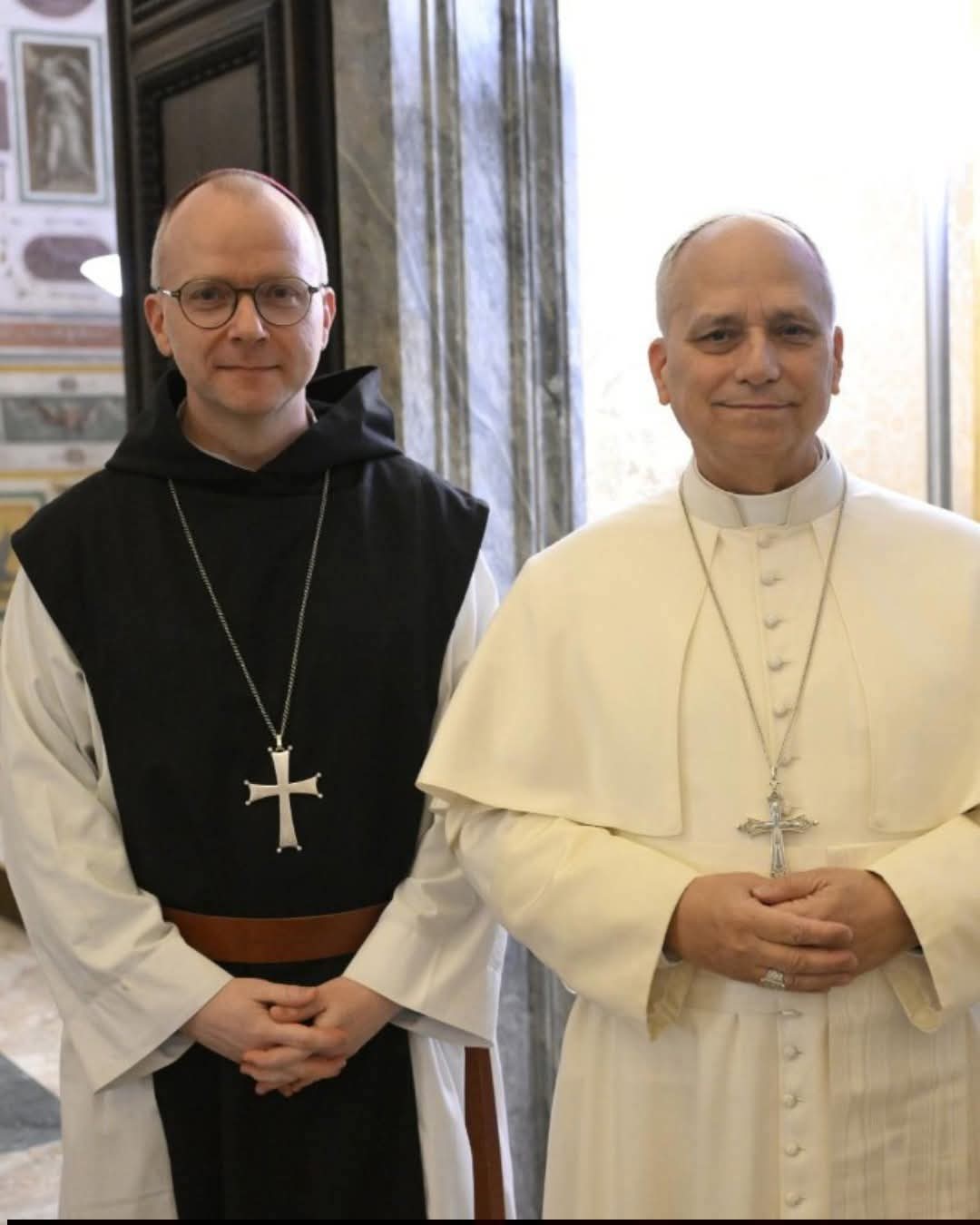 Pope Leo XIV speaks with Bishop Erik Varden of Trondheim, Norway, at the Spiritual Exercises for the Pope, Cardinals residing in Rome, and heads of Dicasteries. 1 FB IMG 1772009391943