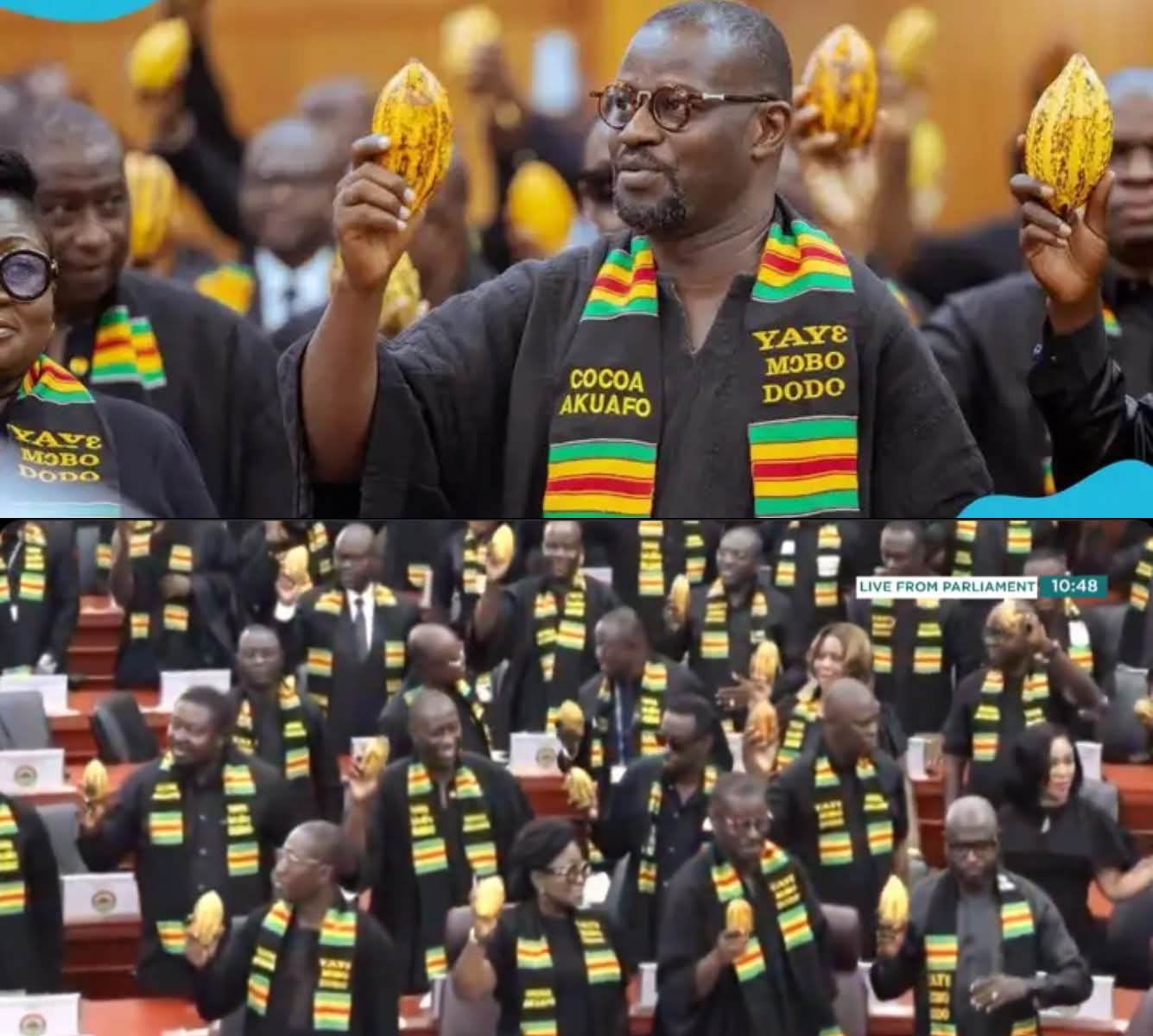 Drama: How NPP MPs St€al Mahama 'State of the Nation' Address With Unique Cocoa Protest, Yayɛ Mɔbɔ Dodo 1 FB IMG 1772225354929