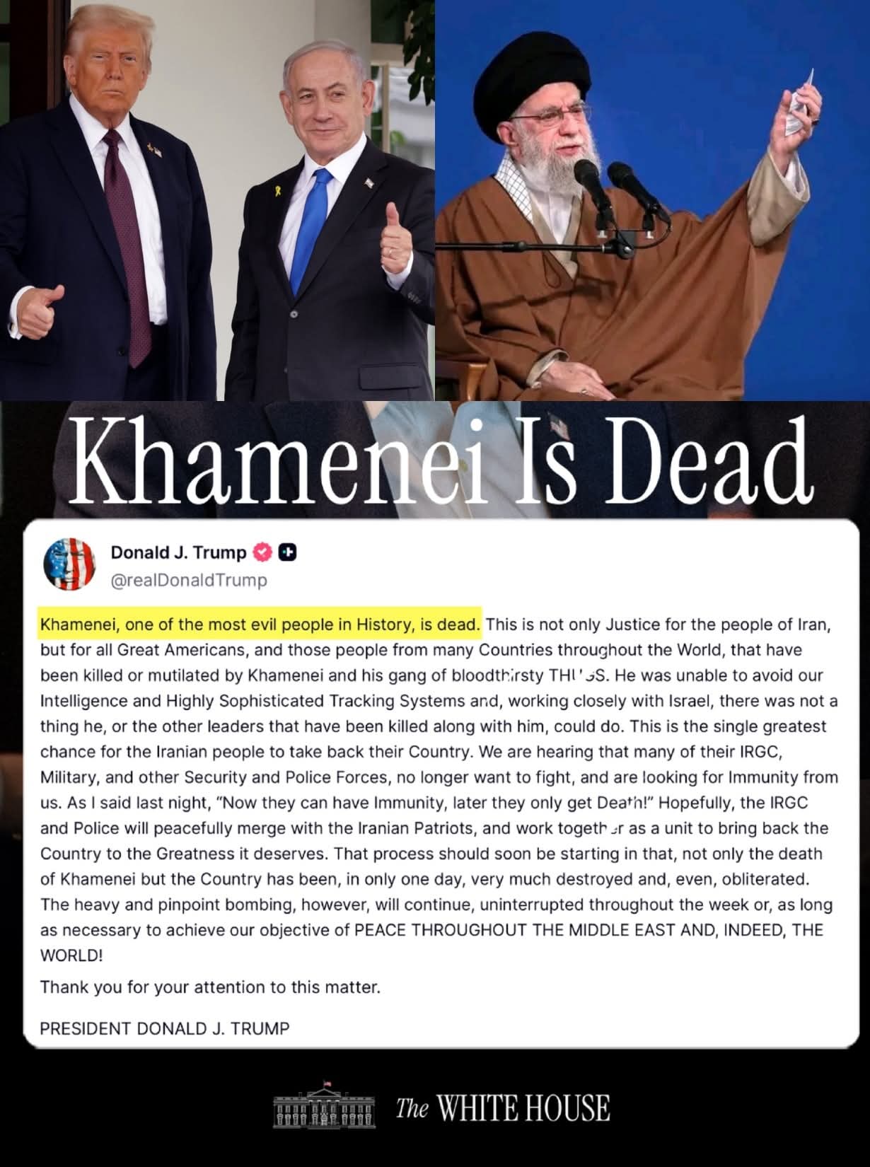 After Ayatollah's Death, Top Iranian Military Forces No longer Willing to Fight, Seeking for US Immunity - President Trump 1 FB IMG 1772318049701