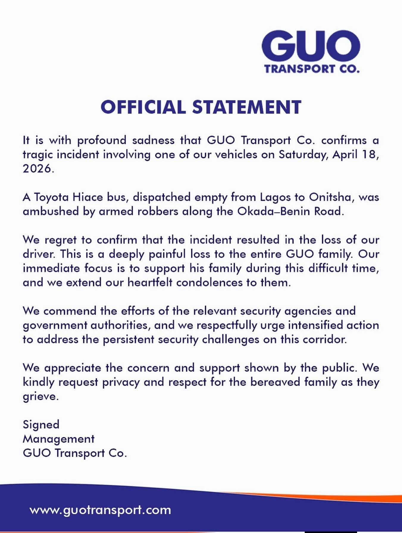 GUO has stated that the bus reportedly attacked on Saturday along the Benin-Lagos Expressway 1 FB IMG 1776851171805