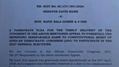 ADC Lawyers Write CJN Kudirat Kekere-Ekun Over Delay In Judgment On David Mark Vs Nafiu Bala Party Leadership Dispute 4 FB IMG 1777384760635