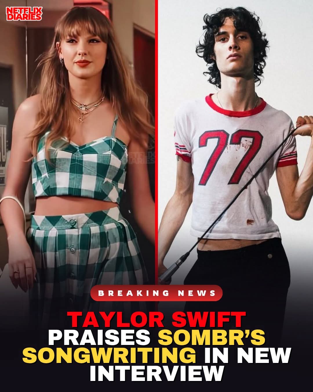 Taylor Swift is showing major love to sombr and his emotionally raw songwriting in a new interview with The New York Times. 1 FB IMG 1777479596785